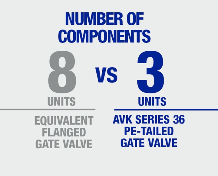 Reduced number of components needed for the AVK 36/89 PE tailed gate valve installation